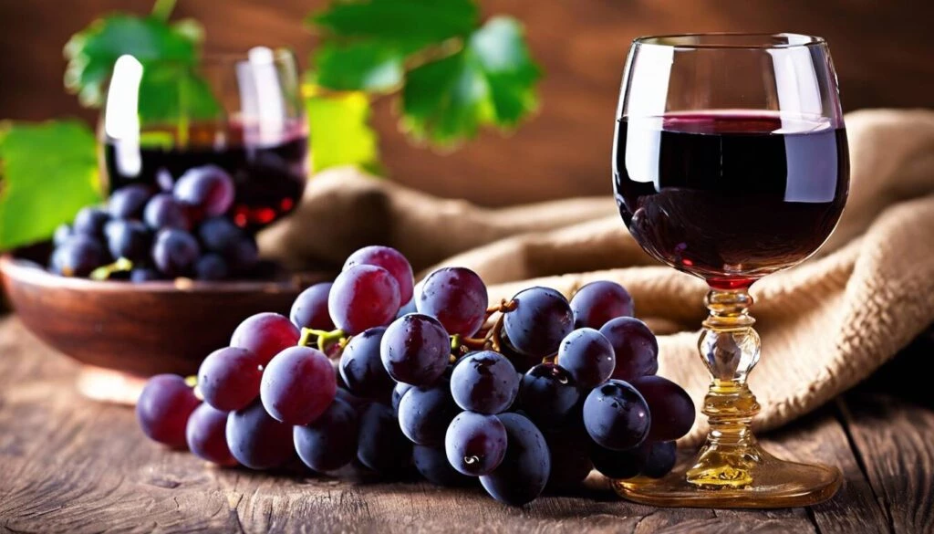 A glass of red wine and grapes on a wooden table.
