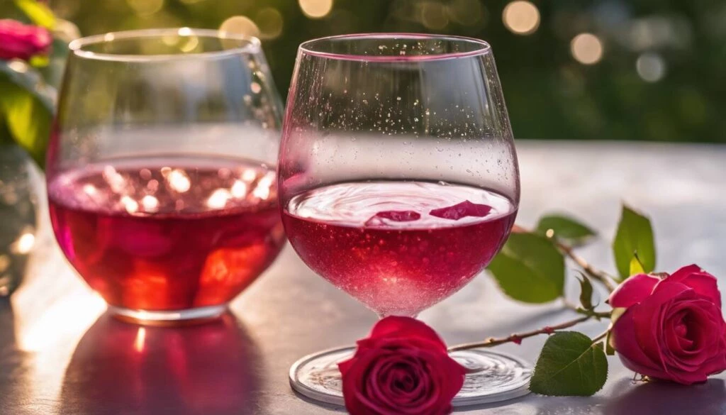 Two glasses of red wine with roses on a table.
