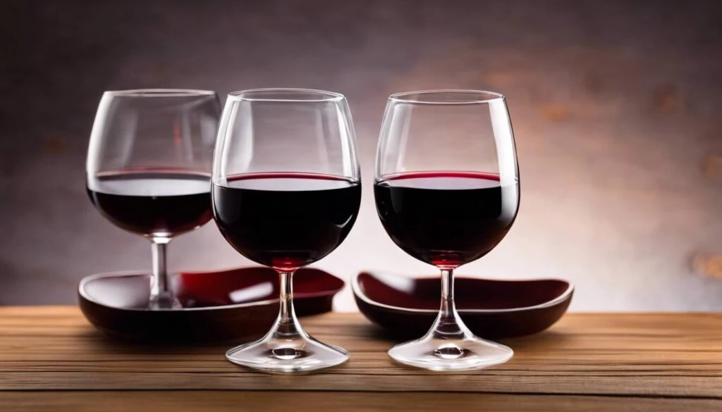Three glasses of red wine on a wooden table.