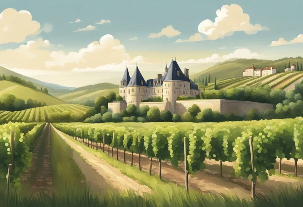 A vineyard with a castle in the background.