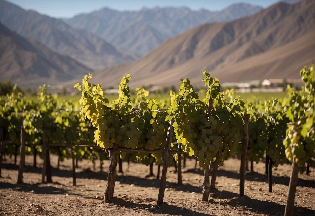 A vineyard in the desert with mountains in the background.