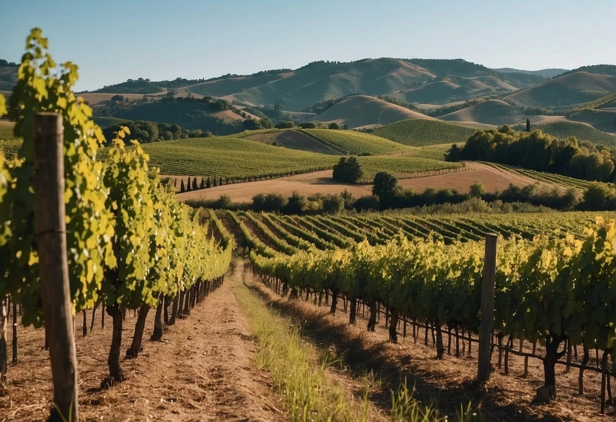 A scenic vineyard nestled amidst the picturesque hills of one of the renowned wine regions in Italy.