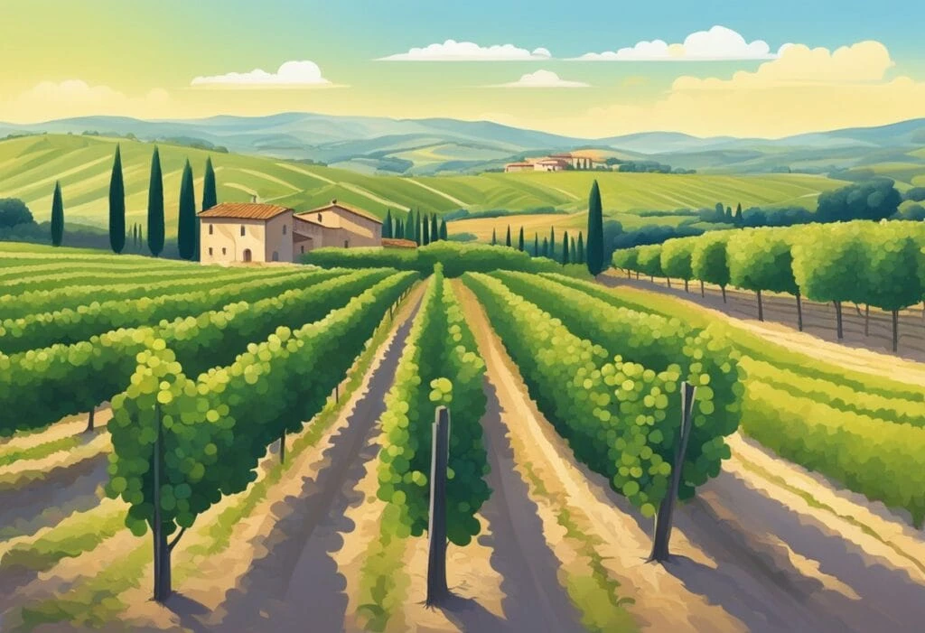 An illustration of a vineyard in tuscany.