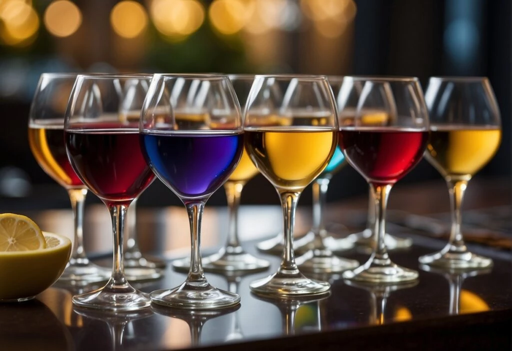 A group of wine glasses showcasing the various characteristics of wine, neatly arranged on a table.