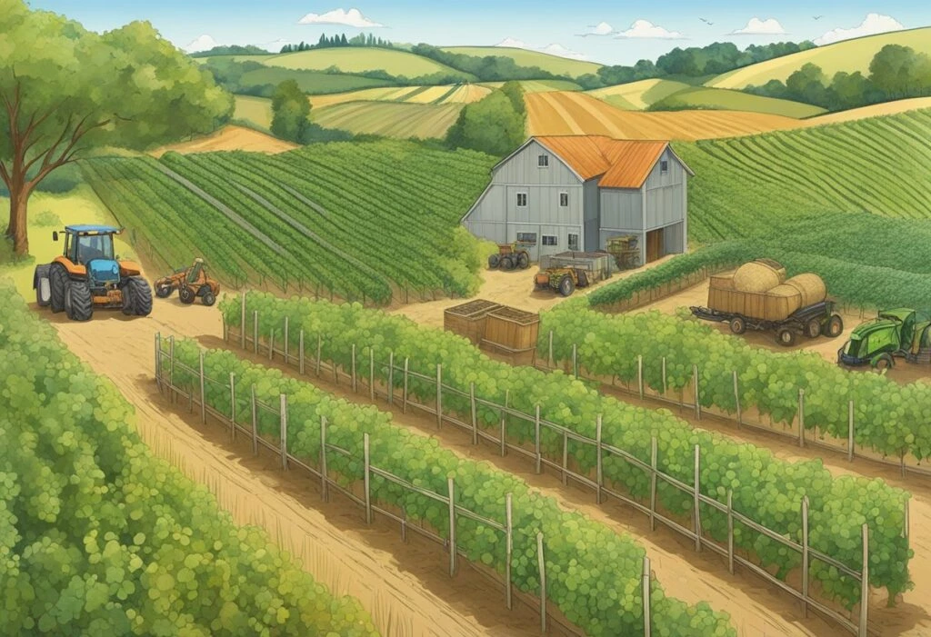 An illustration of a farm with a tractor emphasizing biodynamic wine practices.