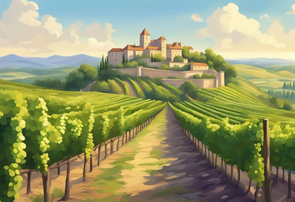 A captivating painting of a vineyard, embellished with a majestic castle in the backdrop, showcasing the enchanting allure of notable wine regions.