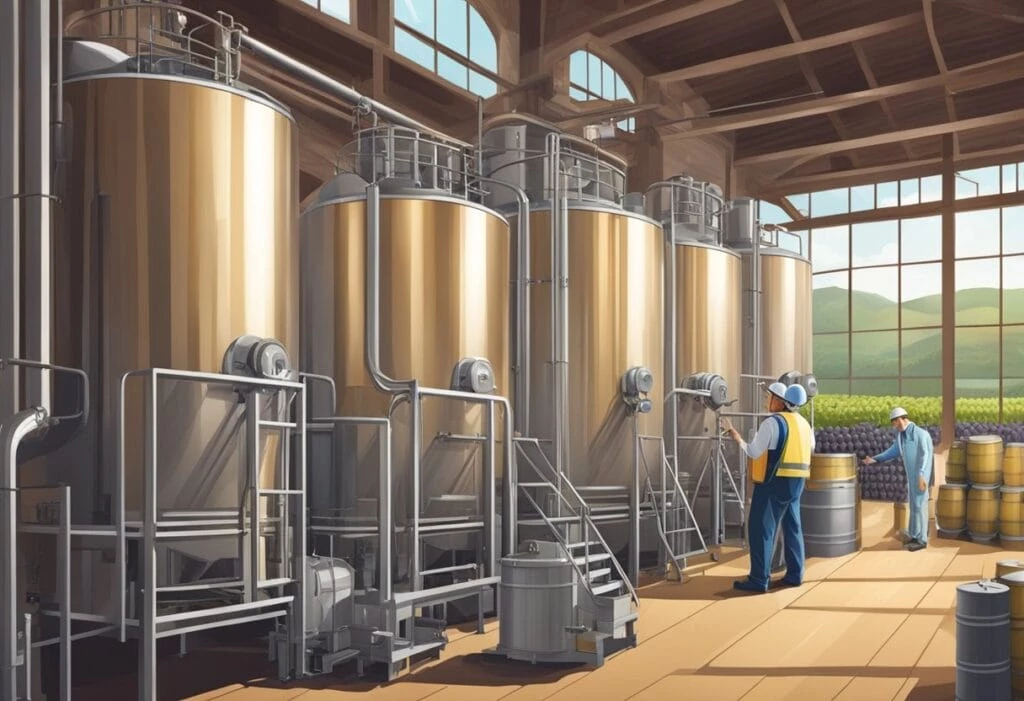 An illustration of a brewery with many tanks.