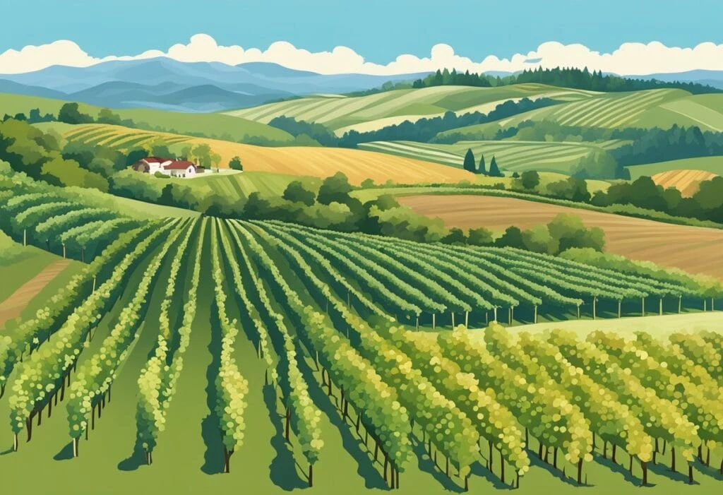 An illustration of a vineyard field with trees and hills.