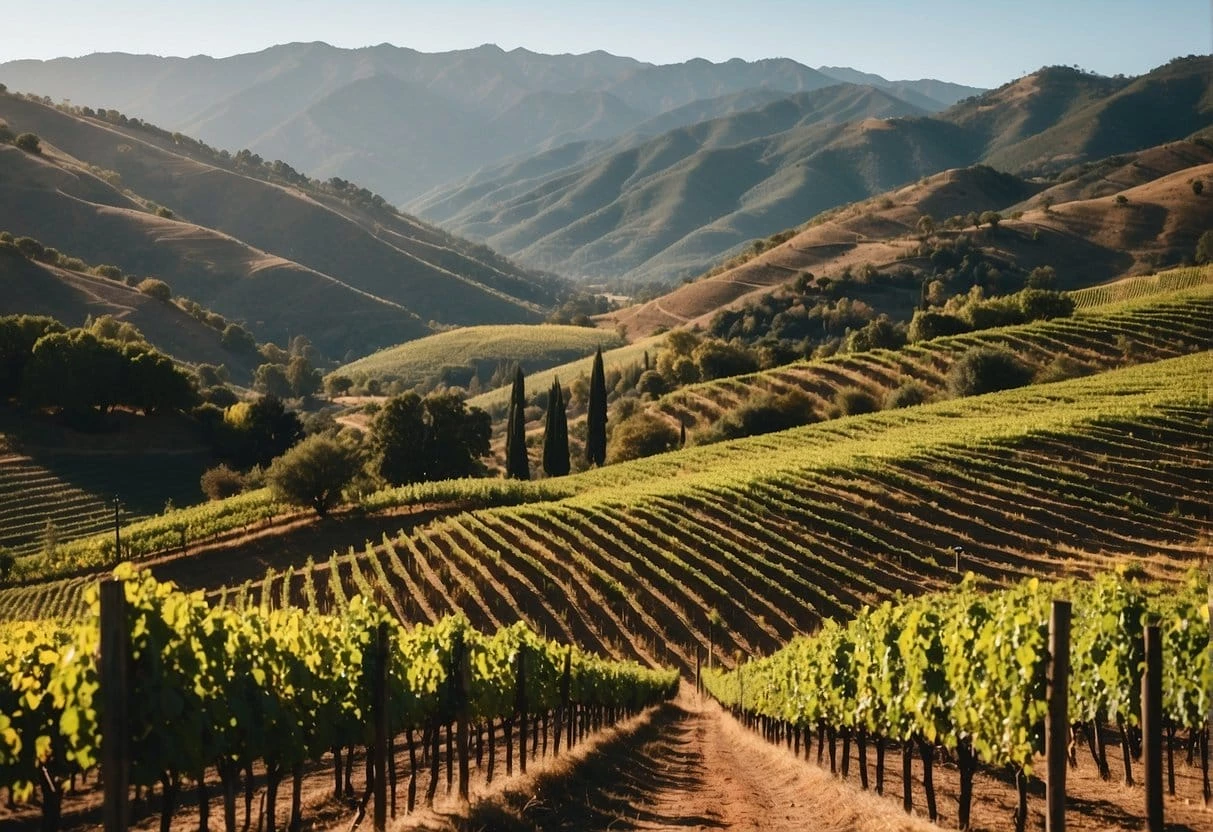 A picturesque vineyard nestled in the Colchagua Valley Wine Region of California, with majestic mountains providing a stunning backdrop.