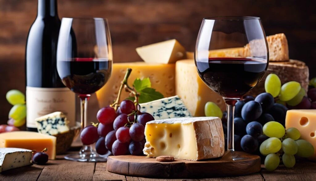 Wine, cheese and grapes on a wooden table.