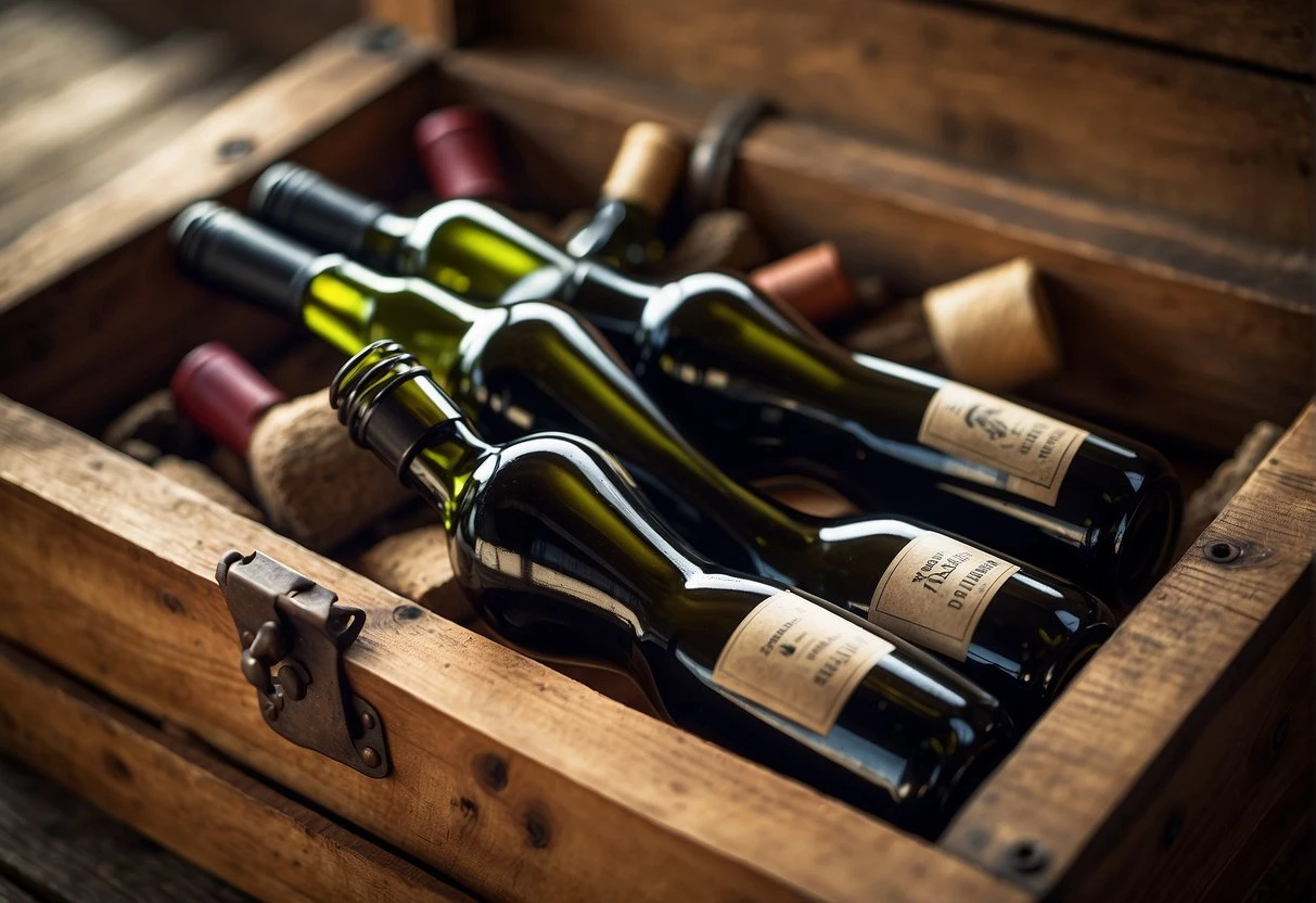 Empty wine bottles are gathered in a rustic wooden crate, surrounded by scattered corks and a corkscrew
