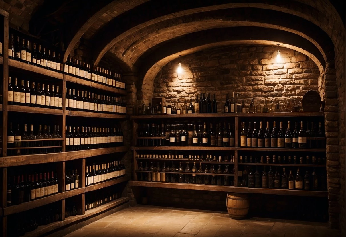 A dimly lit cellar, shelves lined with dusty bottles of aged wine, some with elegant labels and others covered in cobwebs. A single beam of light shines on a particularly rare and valuable bottle, highlighting its rich color and intricate design