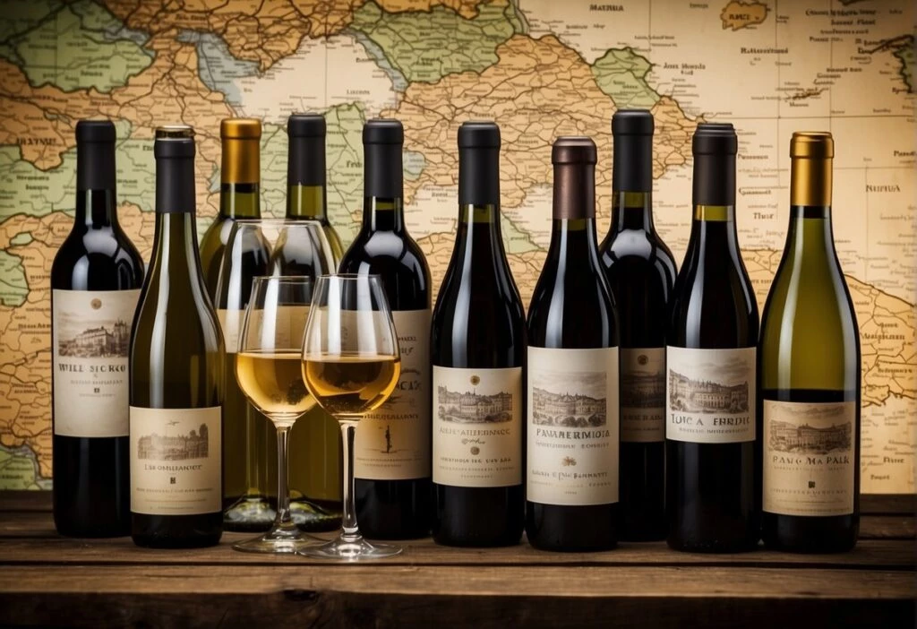 A group of wine bottles on a table with a map behind them.