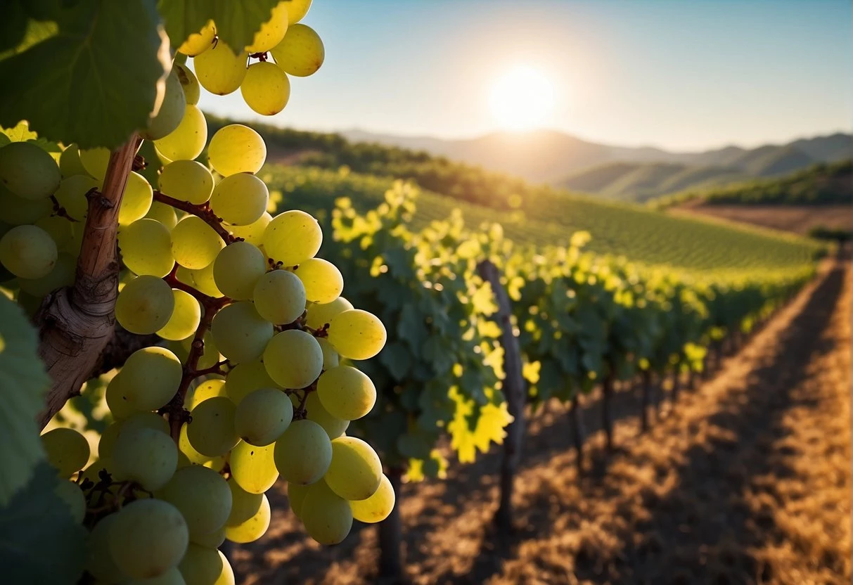 Lush vineyards stretch across rolling hills, heavy with clusters of ripe wine grapes under the African sun