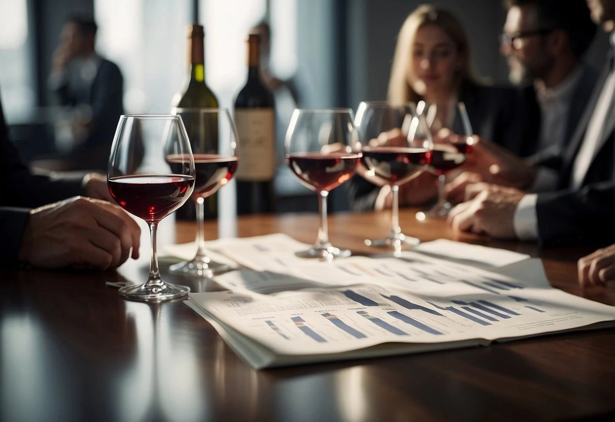 A group of investors discussing wine funds, surrounded by bottles and financial charts