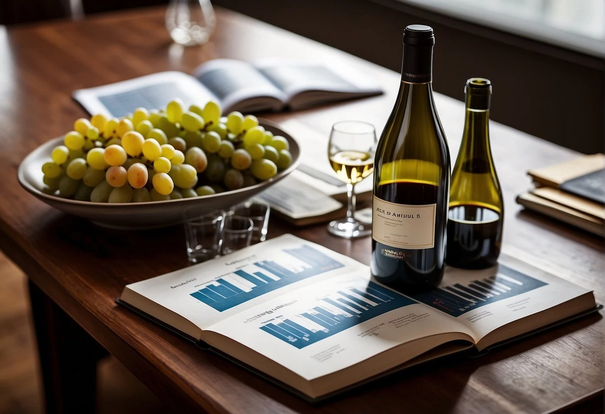 A table with wine bottles, financial charts, and a "Wine Investing for Dummies" book open