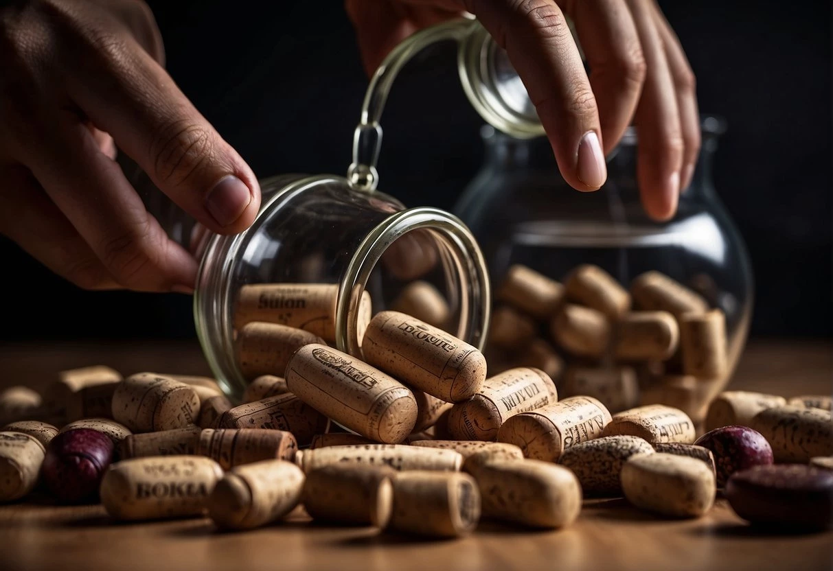 A hand reaches into a jar, pulling out wine corks. The corks are varied in color and size, with some showing signs of wear