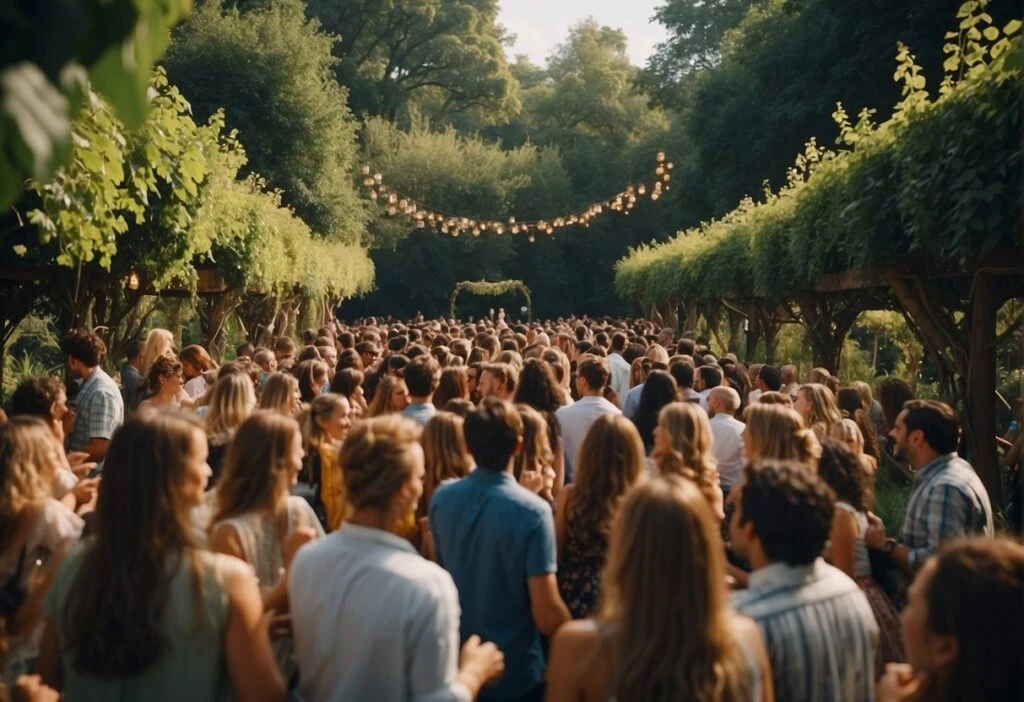 A crowd of people at a wedding in a garden.