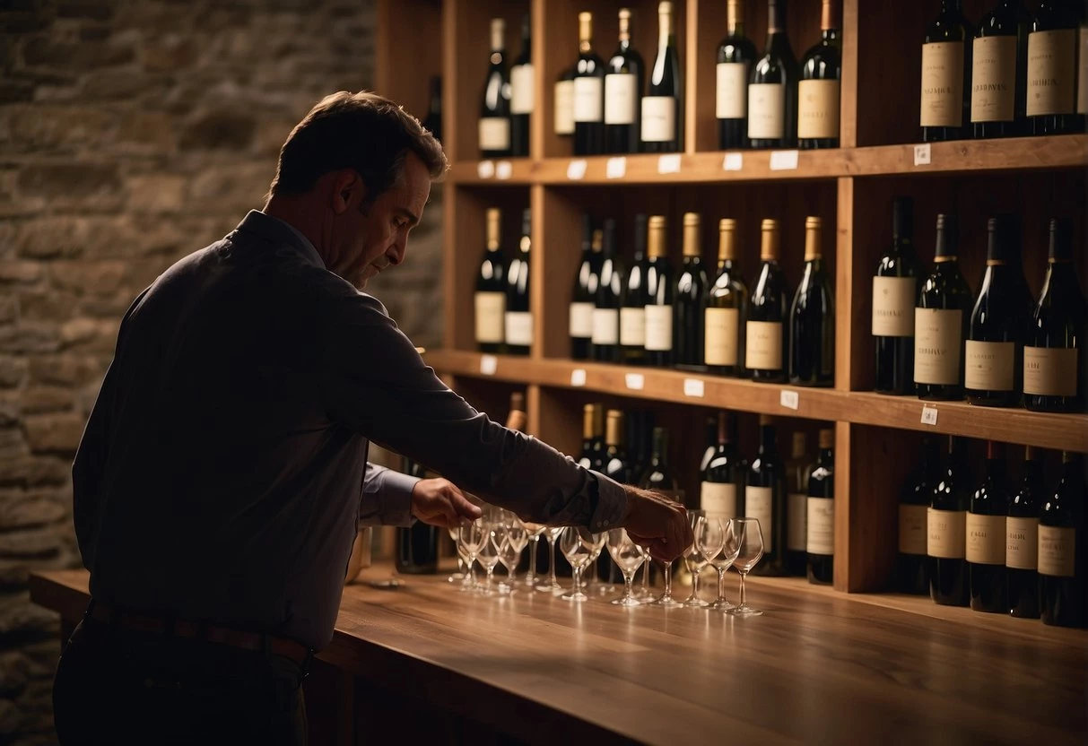 A wine enthusiast selects bottles from a well-stocked cellar, carefully examining labels and checking for proper storage conditions