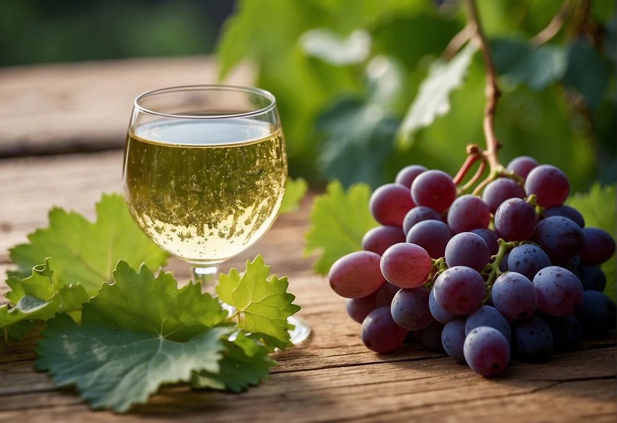 A bottle of dry white wine sits on a rustic wooden table, surrounded by a scattering of grape leaves and a few clusters of ripe grapes